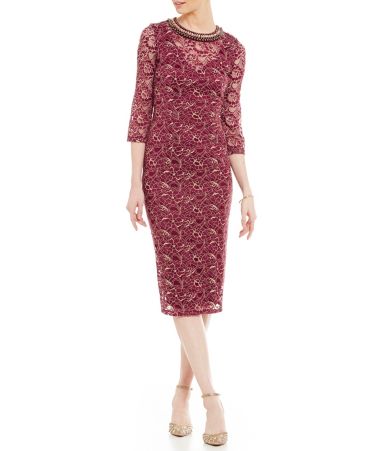 London Times Metallic Lace Midi Dress | Dillards