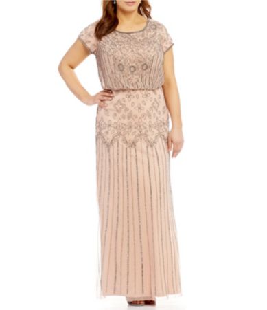 adrianna papell beaded blouson gown blush