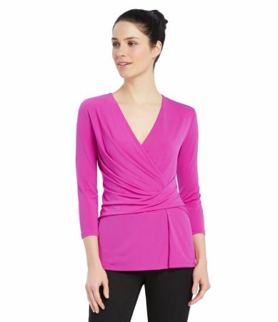 Ellen Tracy 3/4 Sleeve Twist Faux-Wrap Knit Jersey Top