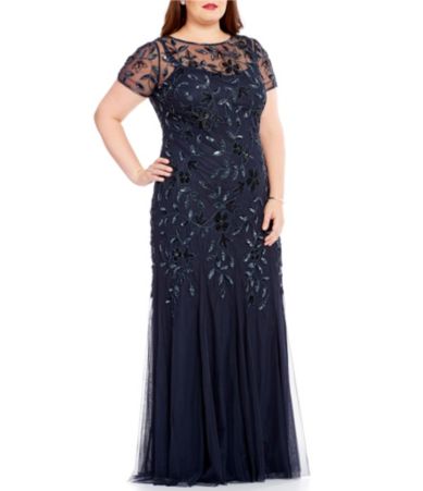 Adrianna Papell Plus Floral Beaded Gown Dillards