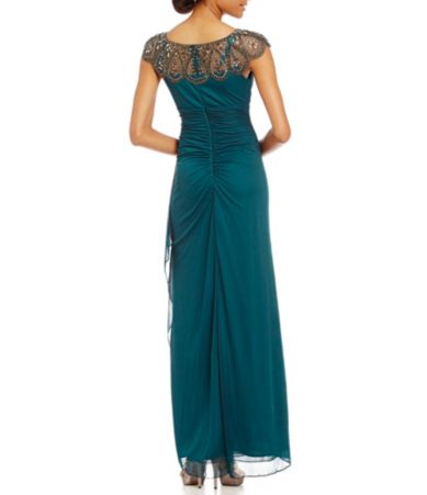 xscape beaded cap sleeve illusion neck ruched gown