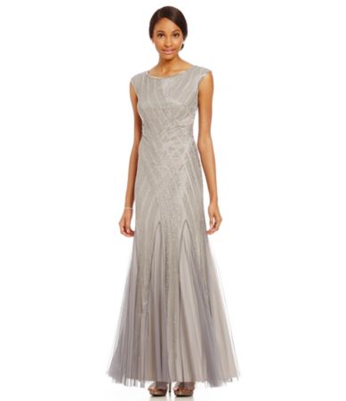 three quarter sleeve beaded mesh godet gown in green granite