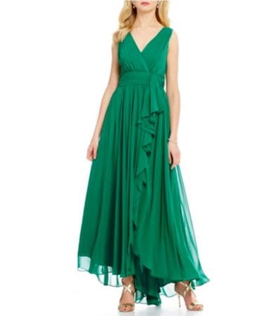 eliza j ruffle front gown wine