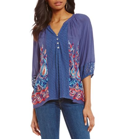 Figueroa & Flower 3/4 Sleeve Embroidery and Lace Detail Top Dillards