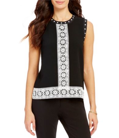 KARL LAGERFELD PARIS Crew Neck Sleeveless Lace Detail Shell Dillards