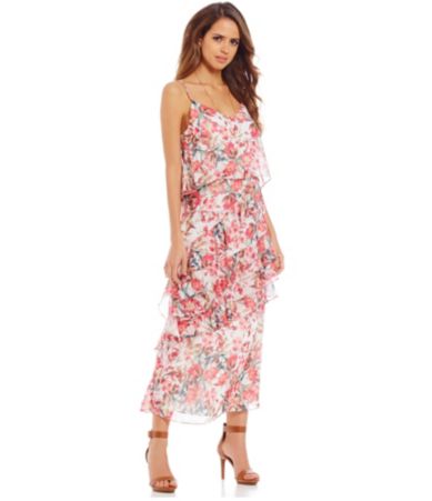 Gianni Bini Beau VNeck Sleeveless Ruffle Trim Floral Chiffon Maxi