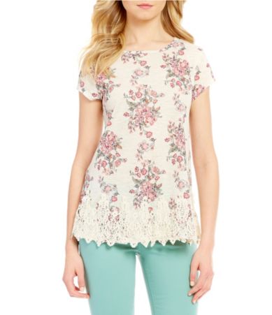 Jolt Floral Printed Crochet Trim Knit Top Dillards