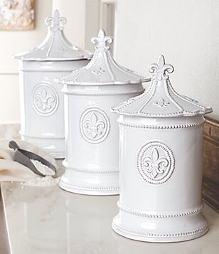 Mud Pie Fleur de Lis Glazed Terracotta Canisters, Set of 3