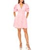 Color:Pink Glow - Image 1 - Leaf Cascade Print Short Puffed Sleeve V-Neck Luxe Crepe de Chine Mini Dress
