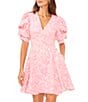 Color:Pink Glow - Image 3 - Leaf Cascade Print Short Puffed Sleeve V-Neck Luxe Crepe de Chine Mini Dress