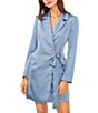 Color:Bluestone - Image 3 - Notch Lapel Long Sleeve Side Tie Satin Blazer Mini Dress