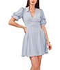 Color:Dusty Blue - Image 3 - Short Puffed Sleeve V-Neck Suede Satin Mini Dress