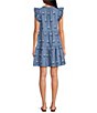 Color:Chambray - Image 2 - Embroidered Floral Print Split V-Neck Ruffle Cap Sleeve Tiered Chambray Mini Dress