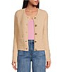 Color:Taupe - Image 1 - Long Sleeve Crew Neck Gold Button Front Wool Blend Cardigan