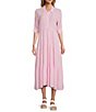 Color:Soft Pink - Image 1 - Pinstripe Print Button Point Collar 3/4 Blouson Cuff Sleeve Tiered Waistless Midi Shirt Dress