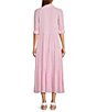 Color:Soft Pink - Image 2 - Pinstripe Print Button Point Collar 3/4 Blouson Cuff Sleeve Tiered Waistless Midi Shirt Dress