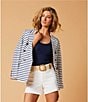 Color:Blue/White - Image 5 - Striped Long Sleeve Notch Lapel Double Breasted Blazer