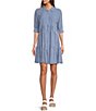 Color:Blue/White - Image 1 - Striped Point Collar 3/4 Cuffed Sleeve Button Front Mini Shirt Dress