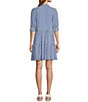 Color:Blue/White - Image 2 - Striped Point Collar 3/4 Cuffed Sleeve Button Front Mini Shirt Dress
