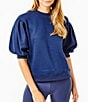 Color:Navy - Image 1 - Short Puff Sleeve Cedar Pullover Sweatshirt Top