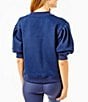 Color:Navy - Image 2 - Short Puff Sleeve Cedar Pullover Sweatshirt Top