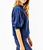 Color:Navy - Image 3 - Short Puff Sleeve Cedar Pullover Sweatshirt Top