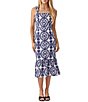 Color:White/Navy - Image 1 - Embroidered Square Neck Sleeveless Midi Dress