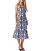 Color:White/Navy - Image 3 - Embroidered Square Neck Sleeveless Midi Dress