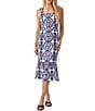 Color:White/Navy - Image 4 - Embroidered Square Neck Sleeveless Midi Dress