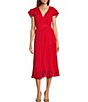 Color:Fiery Red - Image 1 - Pleated V-Neck Short Sleeve Midi Dress