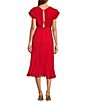 Color:Fiery Red - Image 2 - Pleated V-Neck Short Sleeve Midi Dress