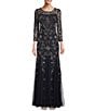 Color:Midnight - Image 1 - Beaded Illusion 3/4 Sleeve Scoop Neck Gown
