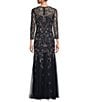 Color:Midnight - Image 2 - Beaded Illusion 3/4 Sleeve Scoop Neck Gown