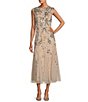 Color:Silver Nude - Image 1 - Beaded Mesh Boat Neck Cap Sleeve Dress