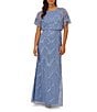 Color:French Blue - Image 1 - Beaded Mesh Round Neck Short Flutter Sleeve Blouson Gown