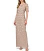 Color:Marble - Image 1 - Floral Beaded Mesh Round Neck Short Sleeve Gown