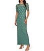 Color:Greenslate - Image 1 - Floral Beaded Mesh Round Neck Short Sleeve Gown