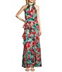 Color:Turquoise Multi - Image 1 - Floral Halter Keyhole Neck Sleeveless Blouson Gown