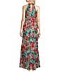 Color:Turquoise Multi - Image 2 - Floral Halter Keyhole Neck Sleeveless Blouson Gown