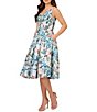 Color:Blue Multi - Image 1 - Floral Jacquard V-Neck Sleeveless Fit and Flare Pleated Dress