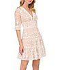 Color:Ivory Nude - Image 1 - Floral Lace Embroidery V-Neck Short Sleeve Tiered Mini A-Line Dress