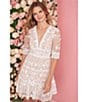 Color:Ivory Nude - Image 5 - Floral Lace Embroidery V-Neck Short Sleeve Tiered Mini A-Line Dress