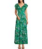 Color:Green Multi - Image 1 - Floral V-Neck Flutter Cap Sleeve Tiered Drop Waist Maxi Dress