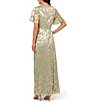 Color:Sage/Gold - Image 2 - Foiled Leaf Print Surplice V-Neck Short Flutter Sleeve Gown