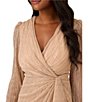 Color:Light Gold - Image 3 - Long Sleeve Surplice V-Neck Metallic Crinkle Mesh Draped Dress
