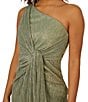 Color:Green Slate - Image 3 - One Shoulder Metallic Knit Sleeveless Front Ruched Gown