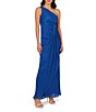 Color:Brilliant Sapphire - Image 1 - One Shoulder Metallic Knit Sleeveless Front Ruched Gown