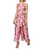 Color:Pink Multi - Image 1 - Organza Floral Print Surplice V-Neck Sleeveless Tie Front Wide Leg Jumpsuit