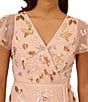 Color:Blush Multi - Image 3 - Petite Size Stretch Beaded Mesh Short Flutter Sleeve Surplice V-Neck Tie Waist A-Line Dress