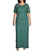 Color:Green Slate - Image 1 - Plus Size 3D Floral Beaded Mesh Round Neck Short Sleeve Gown